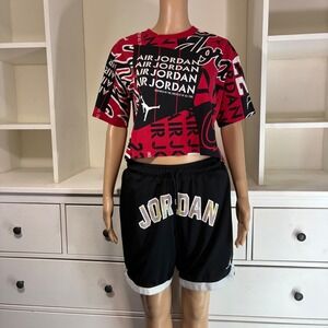Jordan Brand Womens All Over Print Crop Top T Shirt Shorts Set Black Red M